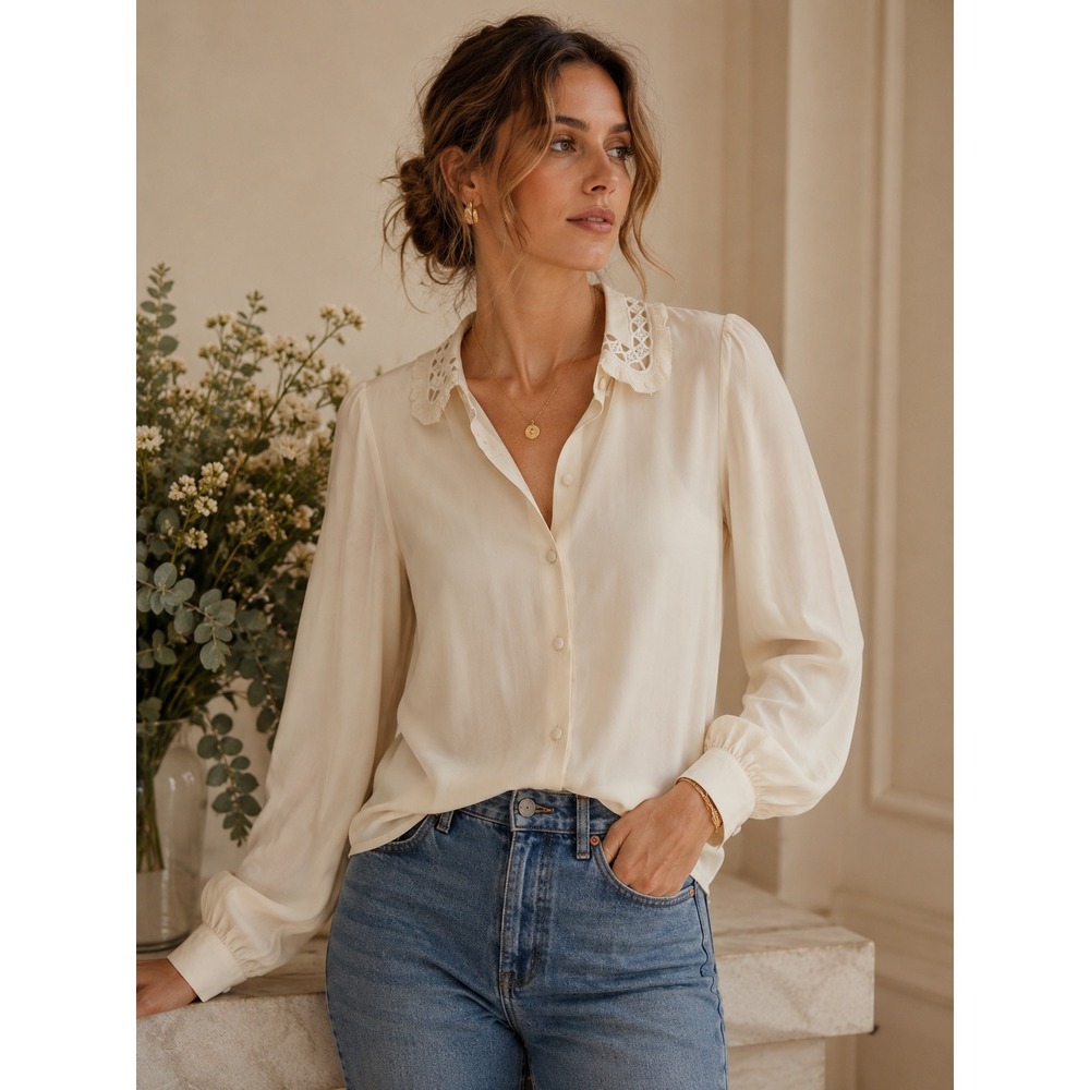 Sézane Silk Blouse Womens 34 Ivory Lace Collar Ruffle Button Down S212SHI051E